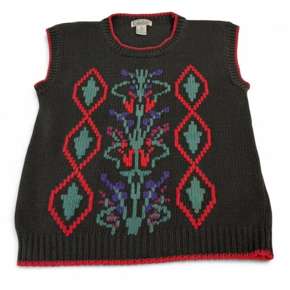 Gallagher Sweater Vest Women M‎ Charcoal Red Vintage Ramie Cotton Knit